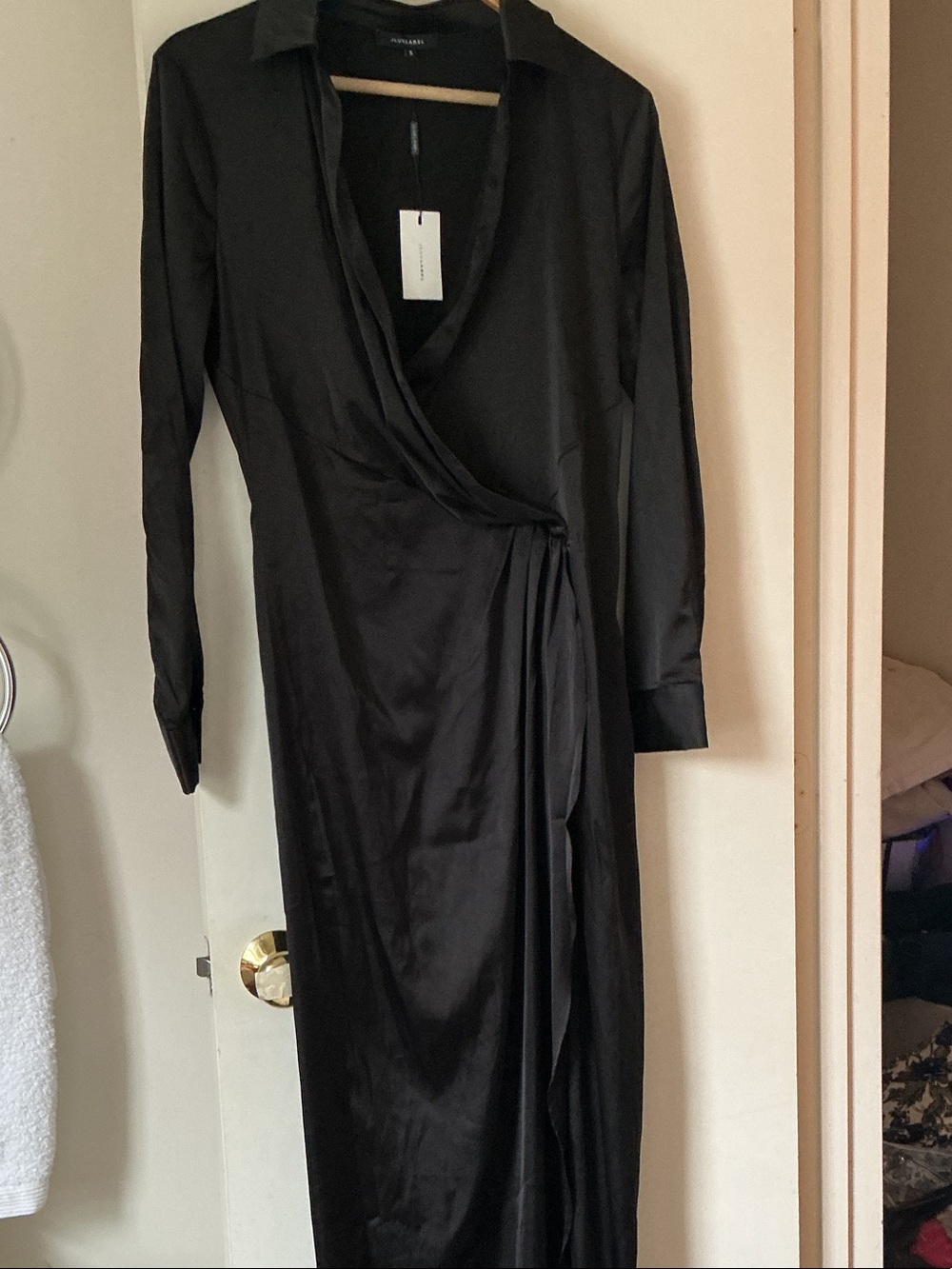 JLUXLABEL Long Black Wrap satin Dress with Collar